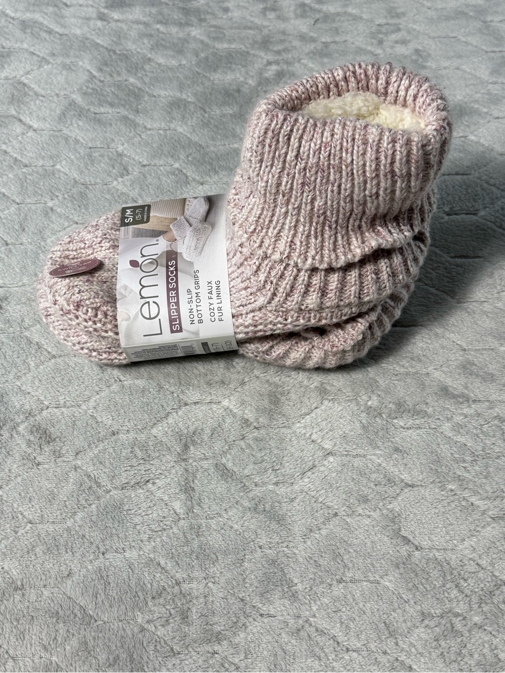 Lemon Slipper Socks NWT Pink Heather Faux Fur Lined Non Slip S/M 5-7